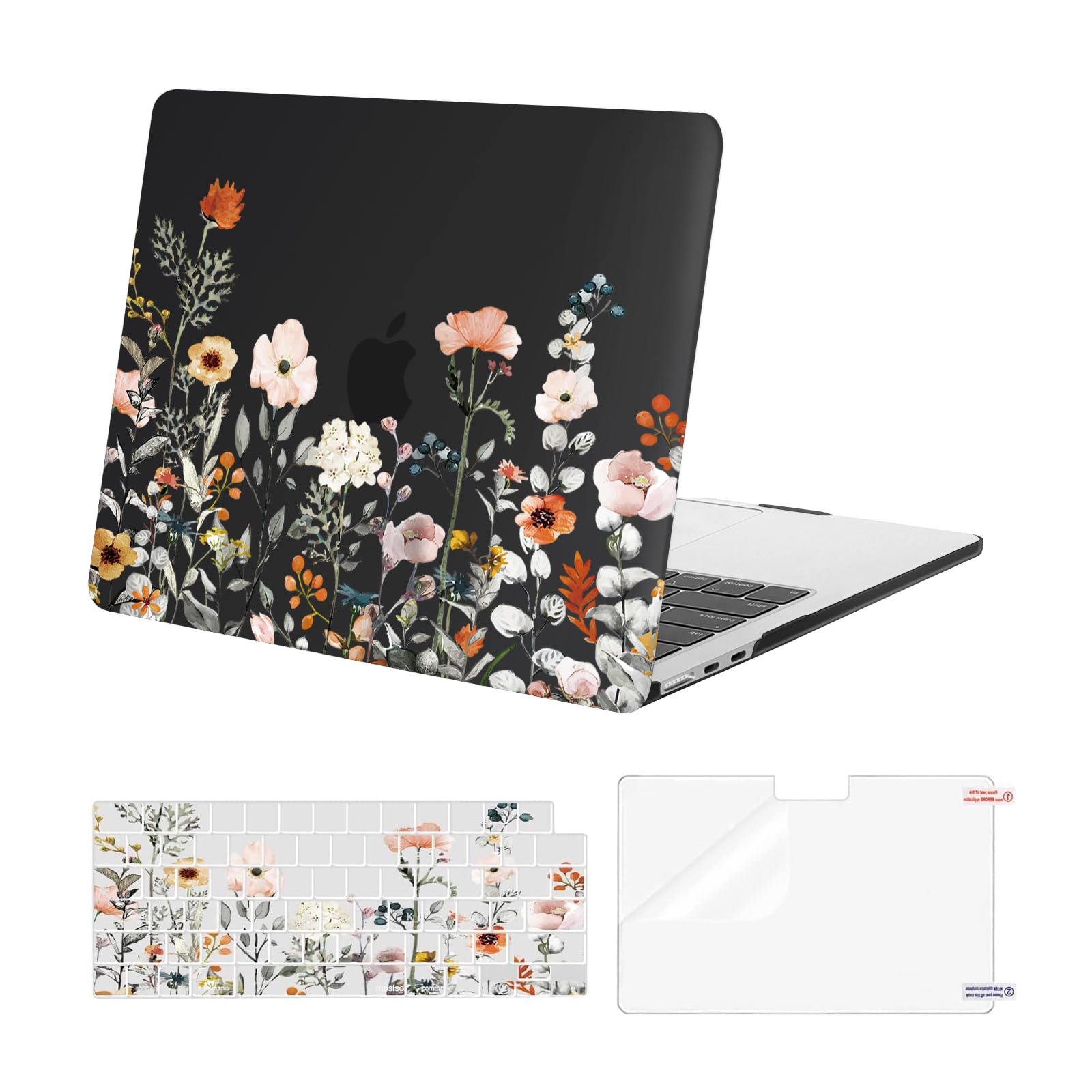 MOSISO Compatible with MacBook Air 13 inch Case 2025-2022 M4 A3240 M3 A3113 M2 A2681, Plastic Garden Flowers Hard Shell&Keyboard Cover&Screen Film Compatible with MacBook Air 13.6 inch, Black