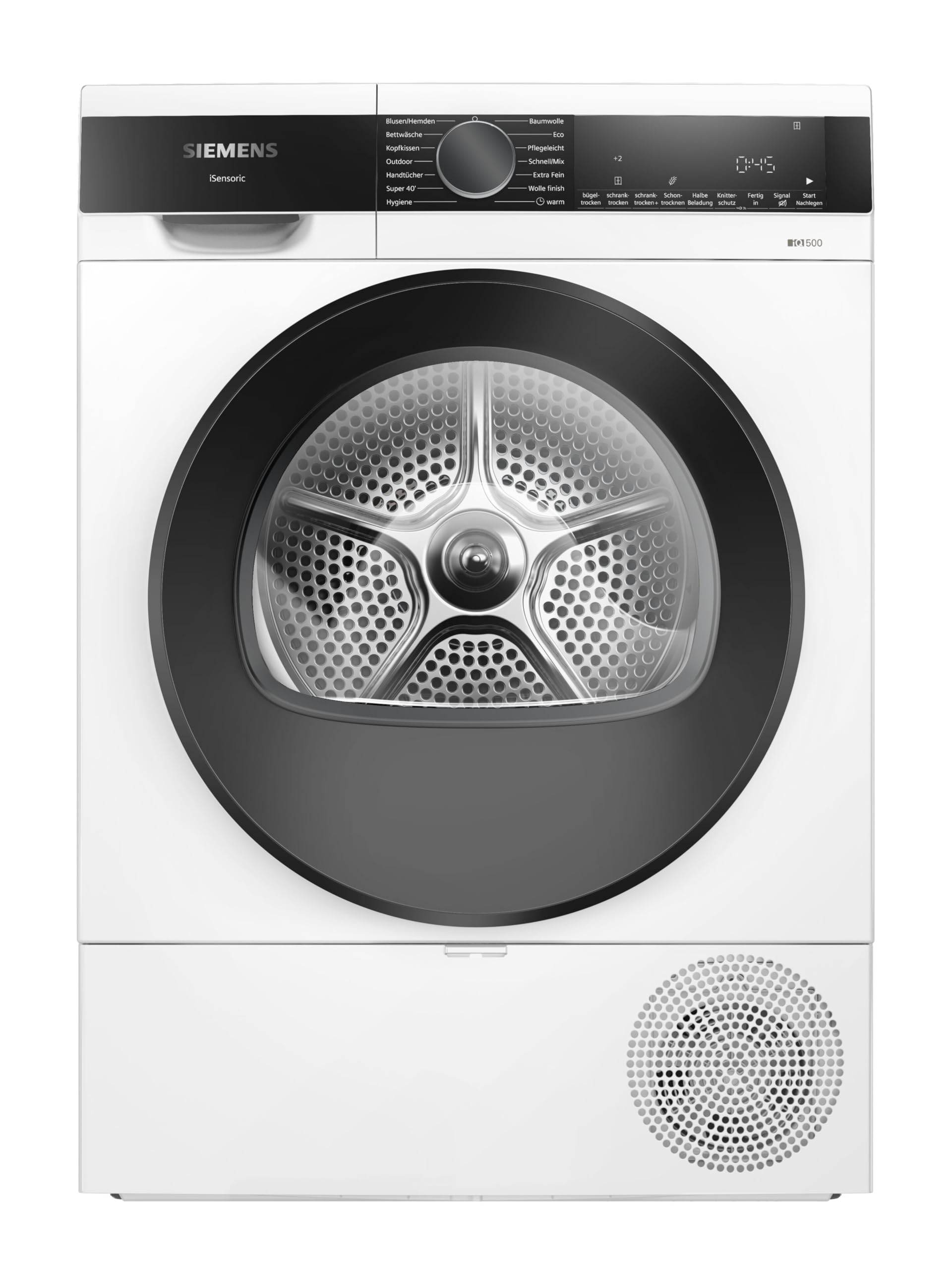 Siemens WQ33G2D41 iQ500, Wärmepumpentrockner 9 kg, schneller Trocknen mit speedPack, autoDry - schonende Trocknung, Halbe Beladung, Knitterschutz, Beladungsempfehlung, LED-Display, Weiß