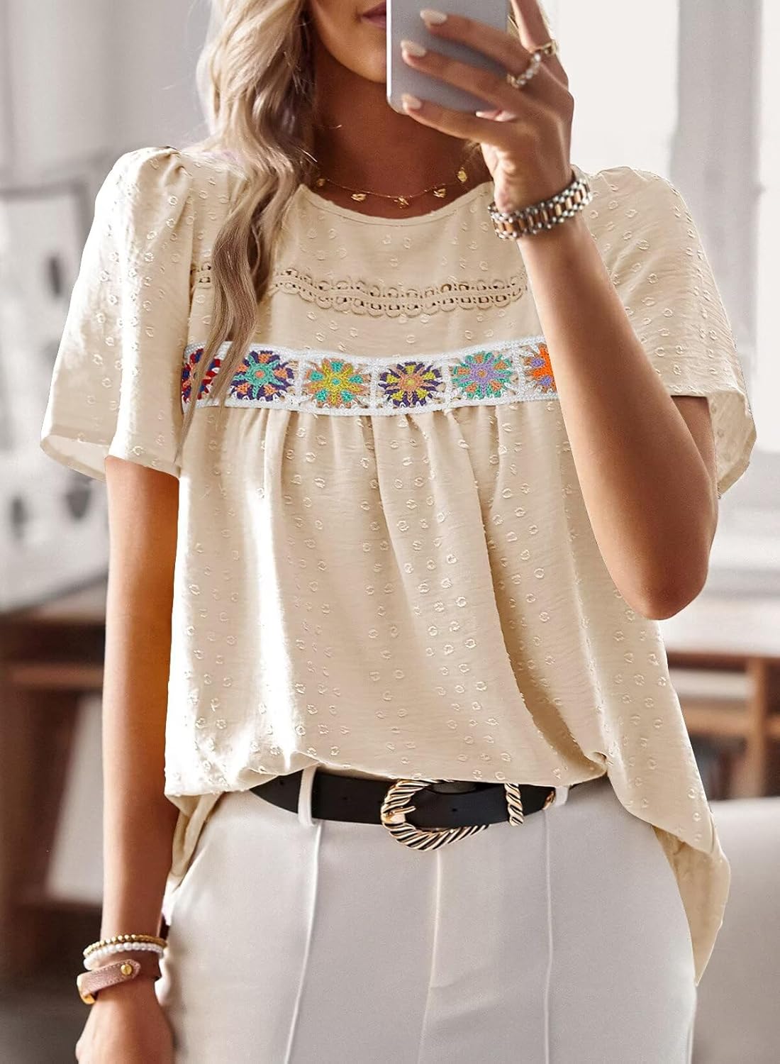 Falechay Womens Summer Tops Boho Crewneck Short Sleeve Shirts Floral Crochet Chiffon Blouses Flowy Casual Swiss Dot Clothing