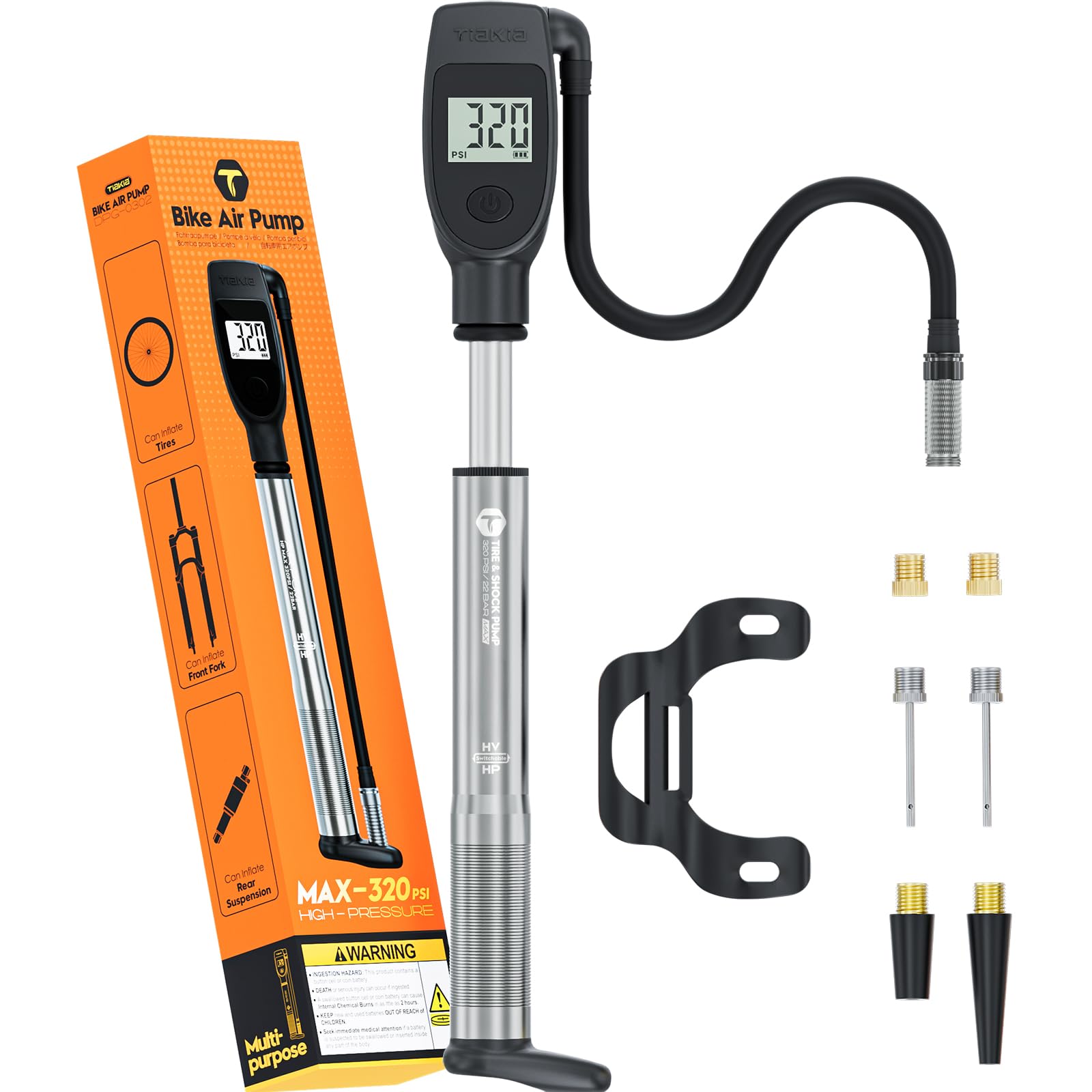 Tiakia Fahrrad Dämpferpumpe Digital 2-in-1 mit Manometer 320PSI Für Luftdämpfer und federgabel, Tragbare Aluminium fahrradpumpe reifenpumpe Fahrrad Rahmenpumpen,Für Schrader/Presta