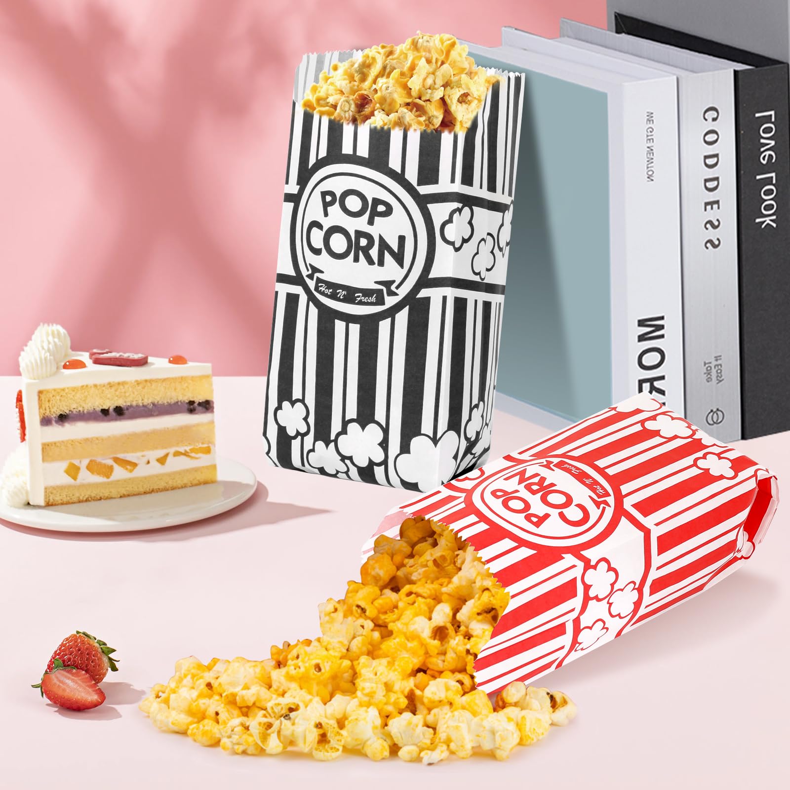 200pcs Bolsas para palomitas de maíz, 21*9*6cm bolsas palomitas papel con Revestimiento Resistente al Aceite, Clásica cajas palomitas Rayas para Cine Teatro Cumpleaños Fiestas Temáticas Noches de Cine