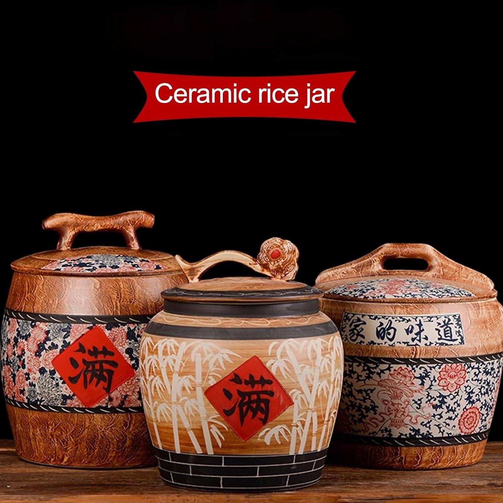 Pojemników na Zywność, Ceramiczne Wiadro do Ryżu, Hermetyczne Pojemnikii, Chiński Duży Dozownik Ryżu, do Ryżu, Soi, Kukurydzy, Mąki, Płatków Owsianych(10KG-B)