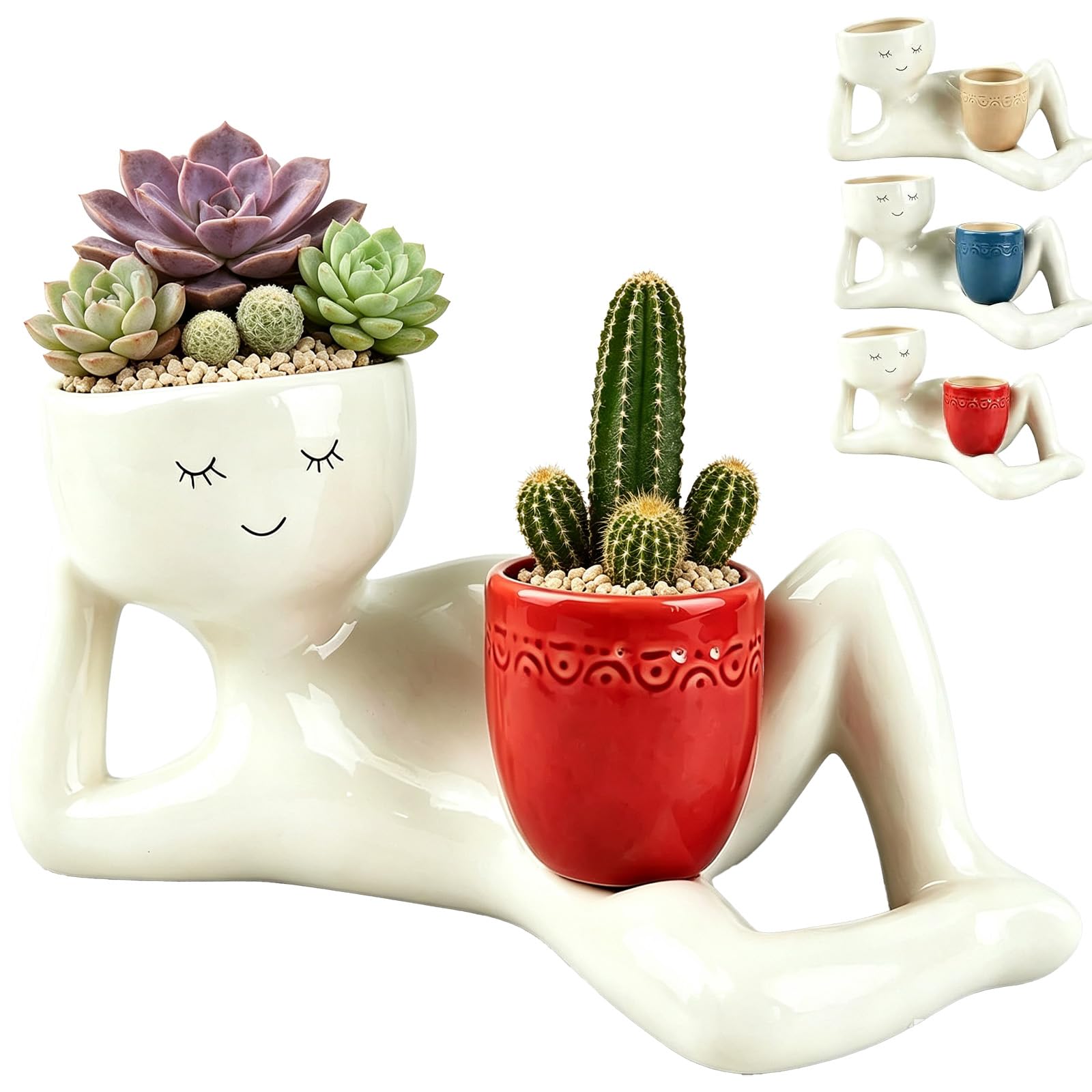 Lkdejrt Lazy Guy Planter,Lying down Figure Resin Pot with Drainage Hole,Funny Desk Decor Flowerpot for Succulents Cactus,For Office Desk, Bookshelf Room Deco ，red