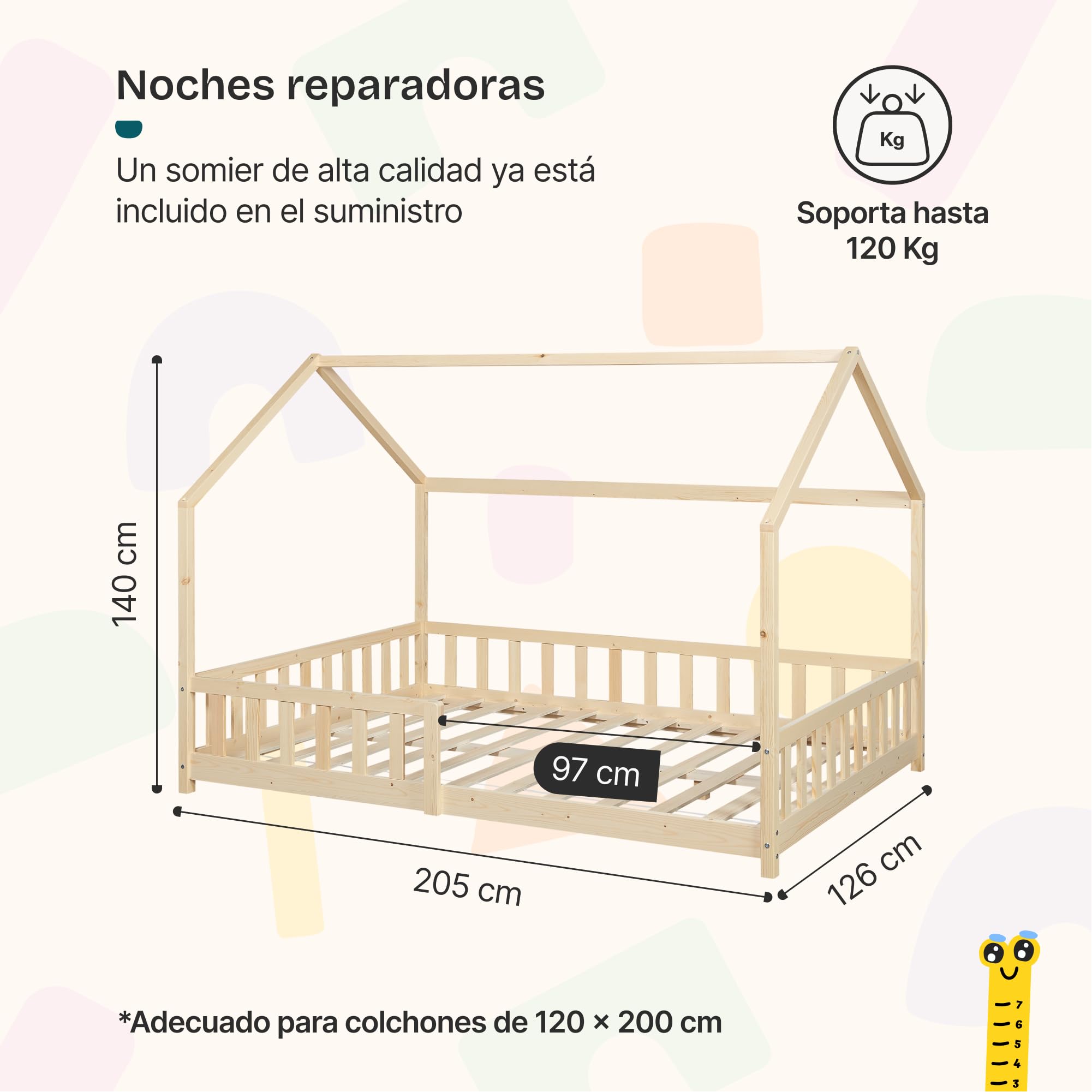 [en.casa] Cama para Niños Hesel Decorativa Cama Infantil Individual con Somier y Barandilla Estructura en Forma de Casa Estilo Montessori Madera de Pino 120 x 200 cm - Efecto Madera