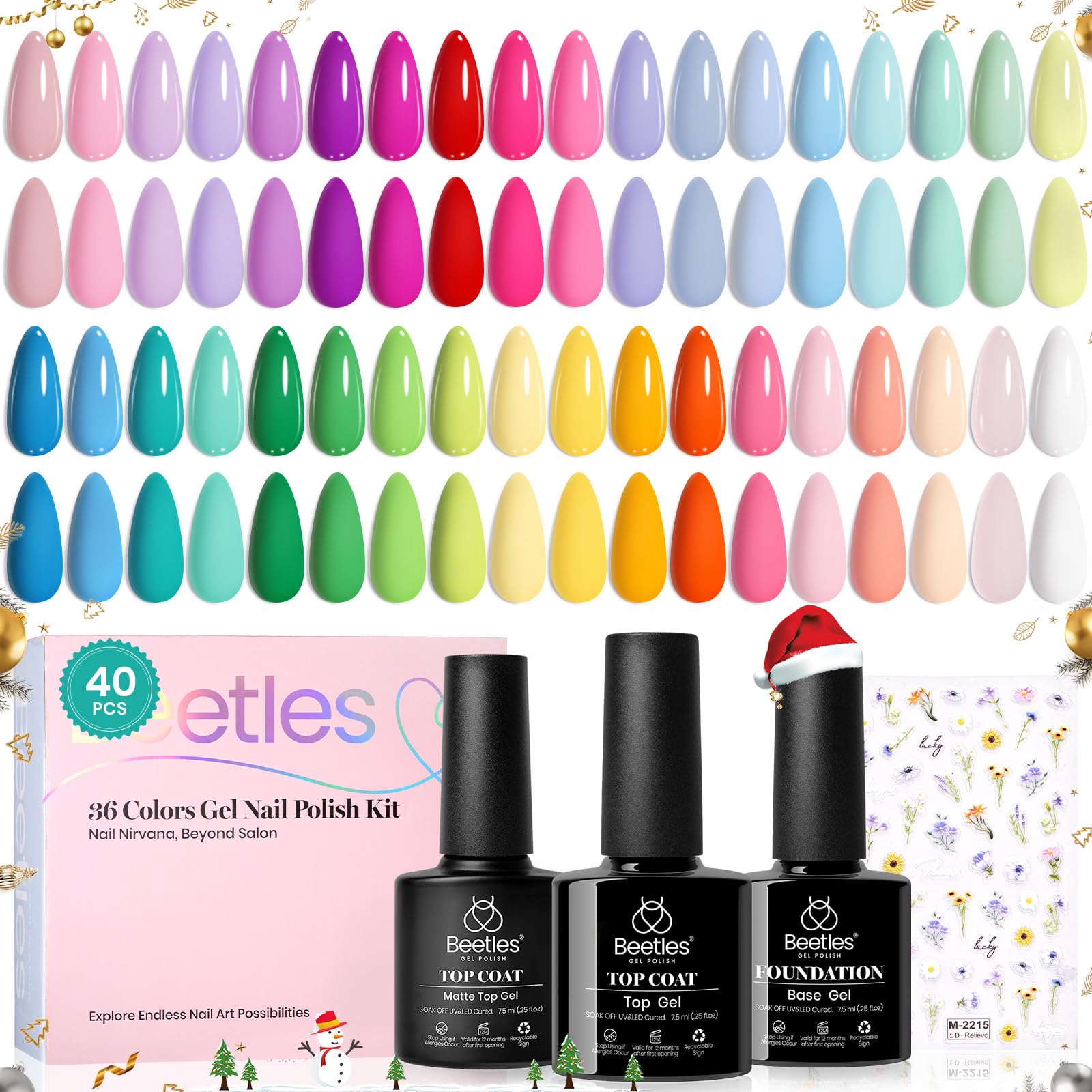 beetles Gel Nail Polish Set - 40 Pcs 36 Colors Nail Polish Kit Pink Red Green Blue Color Gel with Base&Glossy Matte Top Coat UV LED Petal Symphony Collection Nail Art Christmas Gifts for Women