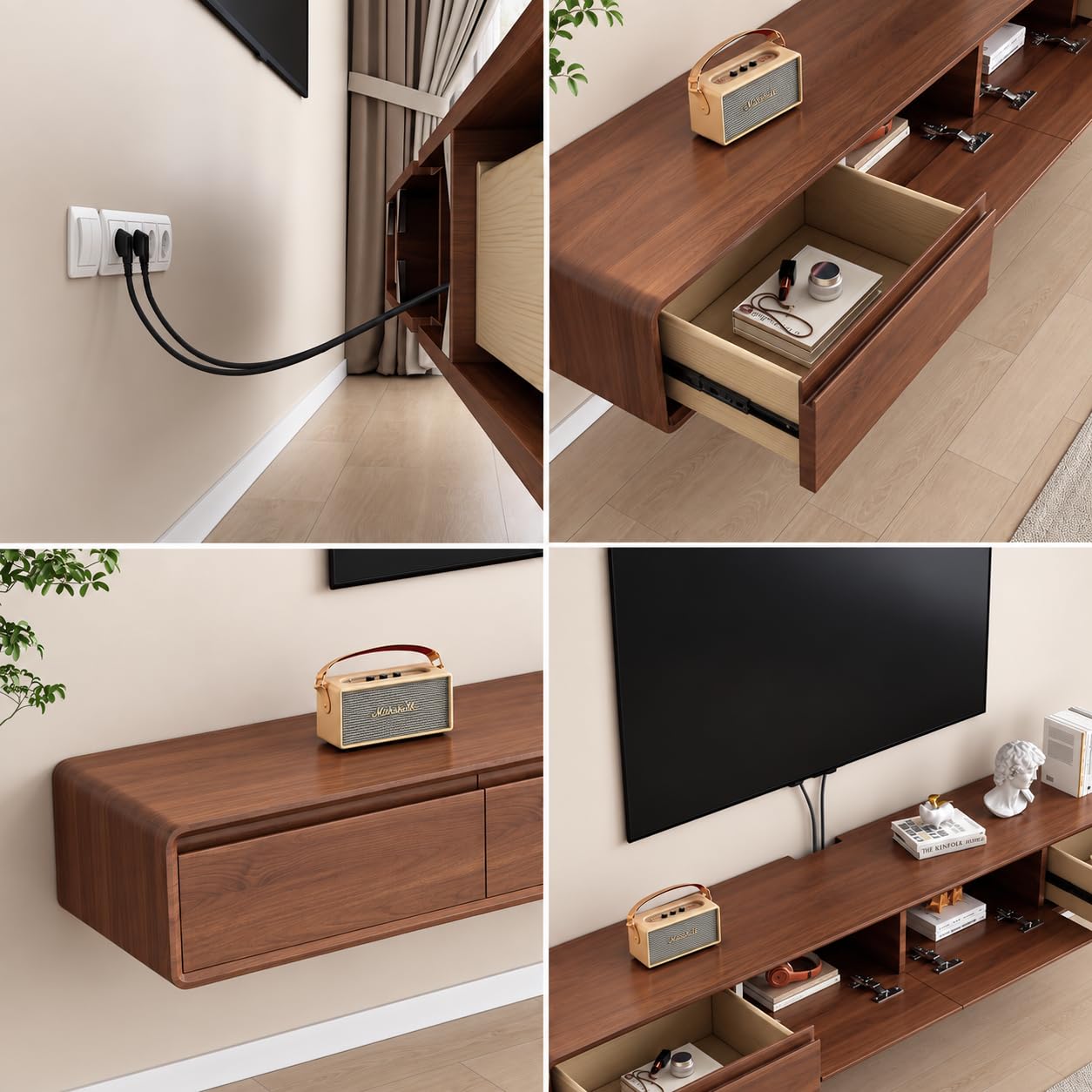 Meuble TV en Bois Massif,160–240CM Meuble TV Suspendu, Meuble Bas pour TV Mural, Adapté au Salon et à la Chambre（Noyer 200CM）
