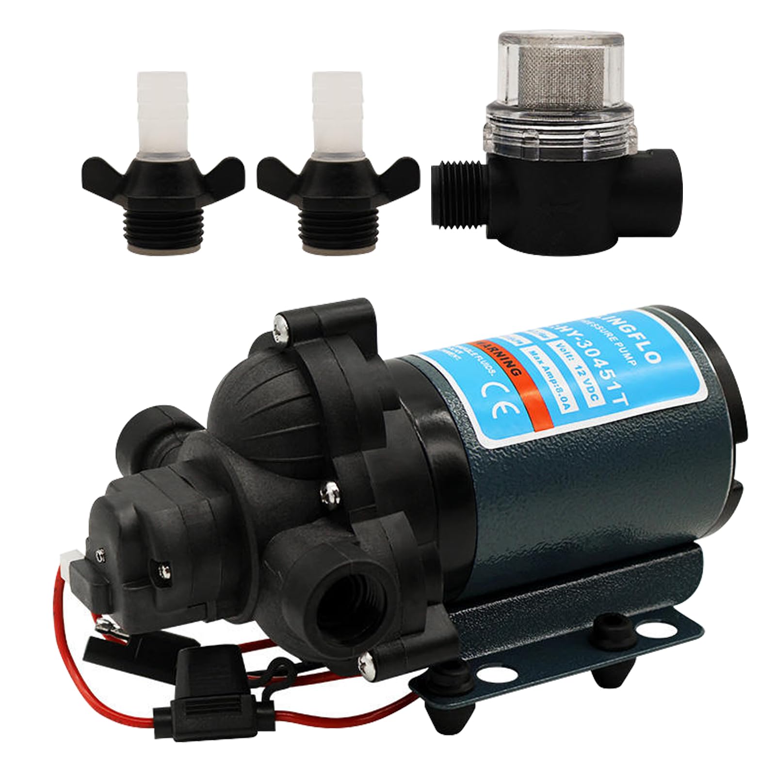 12V DC RV Water Pump-3.0GPM, 45PSI Diaphragm Pump Self-priming On Demand Built-in Pressure Switch for Boat, Marine,Off-Grid Fresh Water System (HY-30451t)