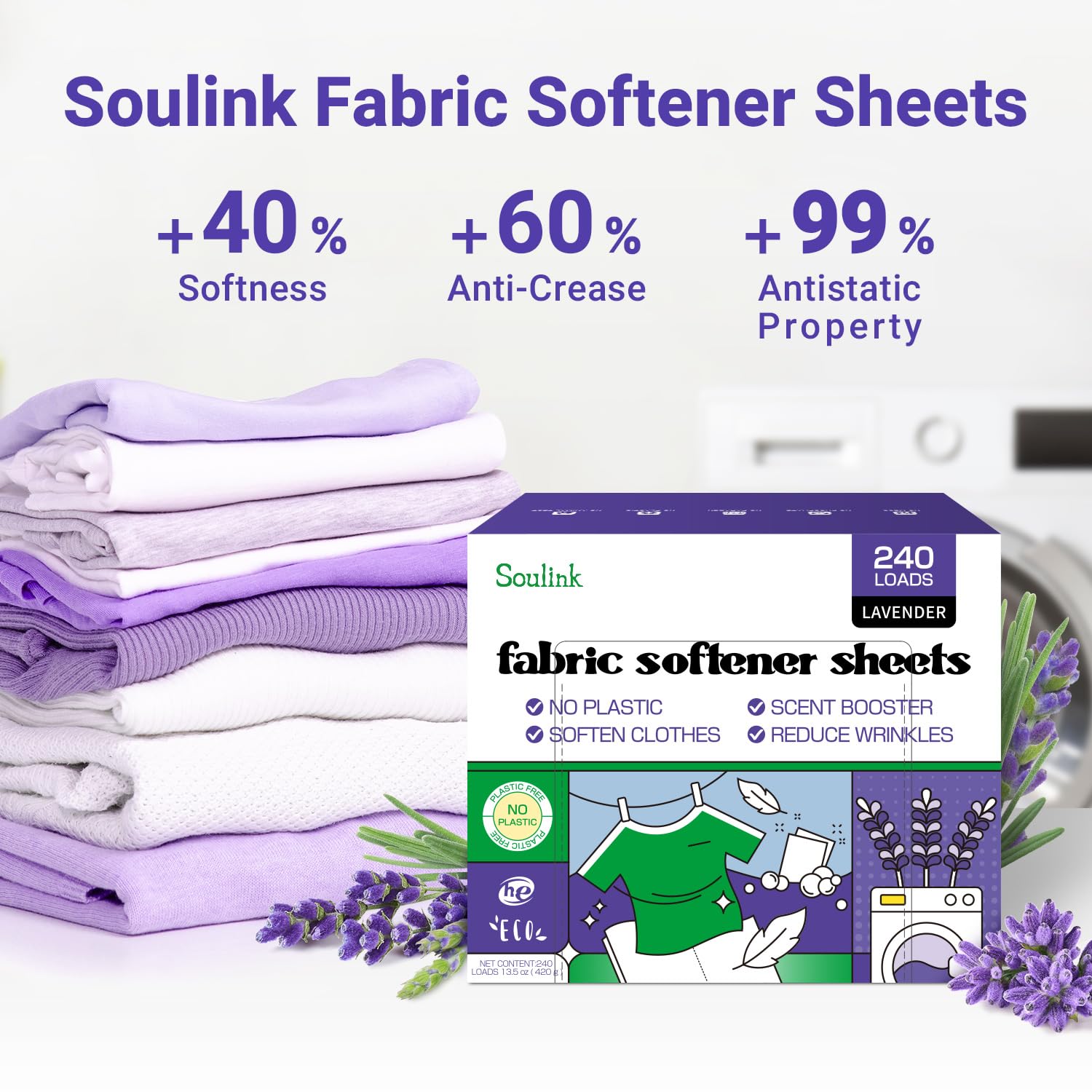 Soulink Fabric Softener Sheets for Washing Machine, No Plastic Jug Soap Strips, Alternative to Fabric Softener Liquid and Pods, Lavender Scent, Up to 240 Loads