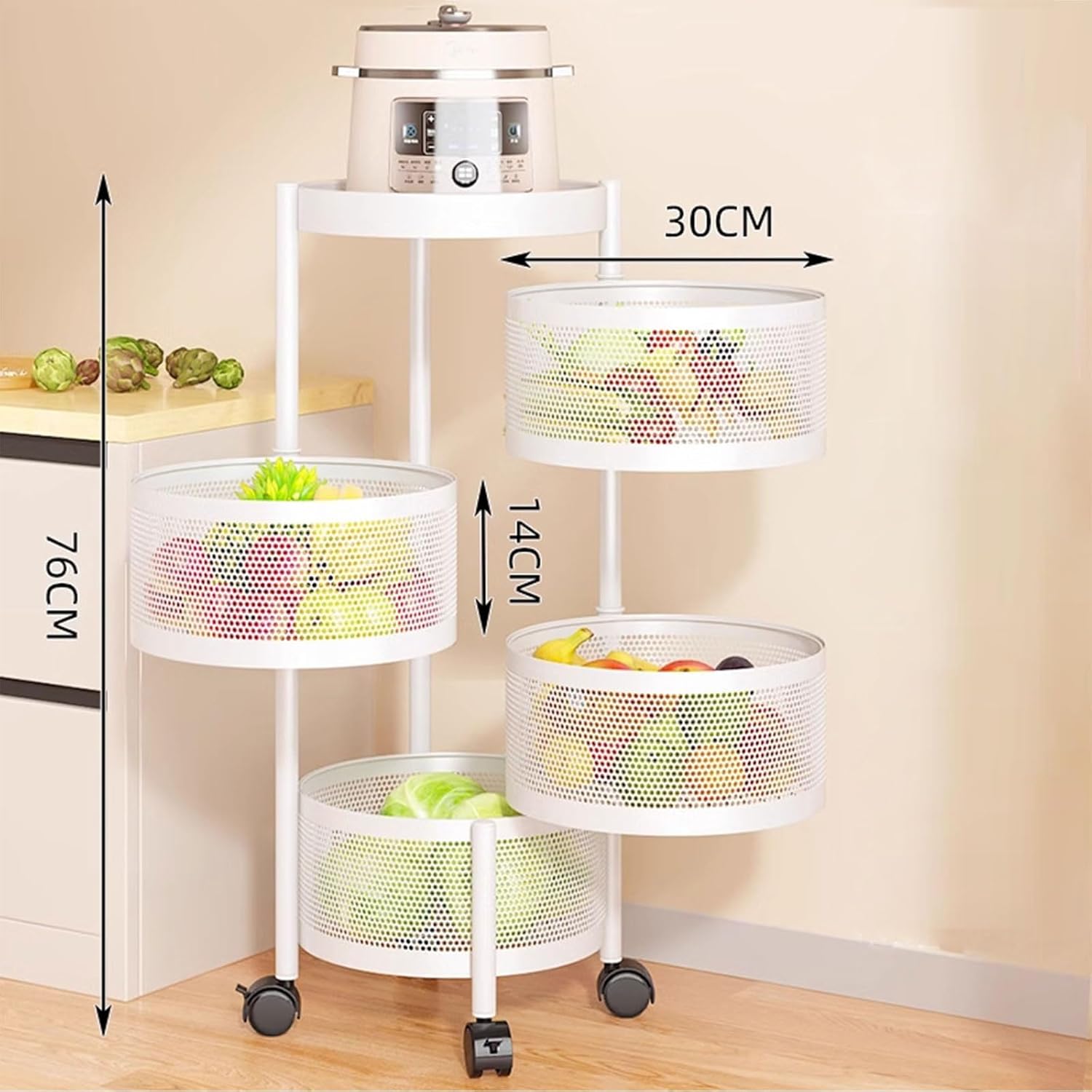 AIZYR Rotating Storage Shelf with Wheels Kitchen Trolley, Rolling Cart Storage Organizer Kitchen Storage Rack for Living Room, Kitchen, Bathroom,White,4 Layers