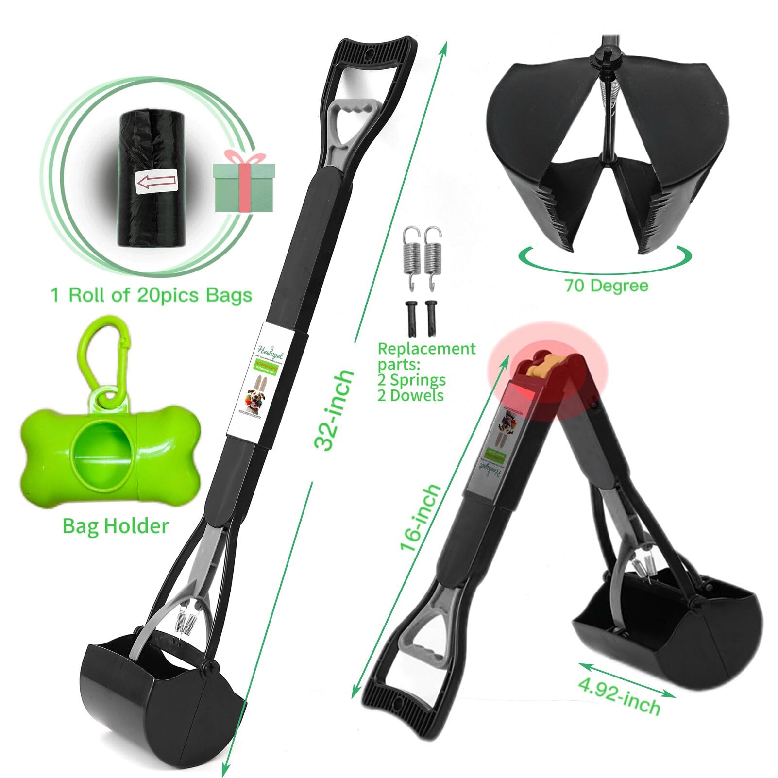 Pelle à déjections canines pour grands petits chiens et chats, portable à long manche de 81,3 cm, pelle à déjections canines pliable pour grands chiens avec sacs à déjections canines pour