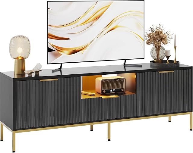 Bestier Fluté TV Stand pour les téléviseurs 55/60 pouces, Modern Entertainment Center avec rangement, Glossy Media Console Table avec motif de vague pour le salon & Chambre à coucher, noir