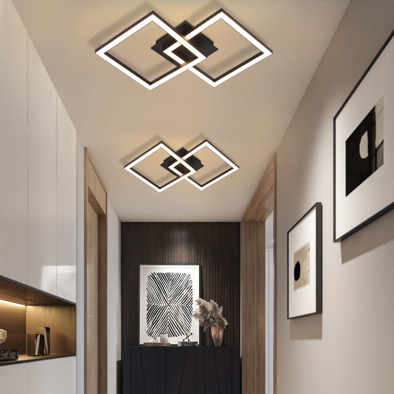 Homefire Deckenlampe LED Deckenleuchte Küche: 2er Küchenlampe 24W Schwarz Wohnzimmerlampe Modern Design Flurlampe Warmweiß Flur Schlafzimmerlampe Eckig Deckenbeleuchtung für Wohnzimmer Schlafzimmer