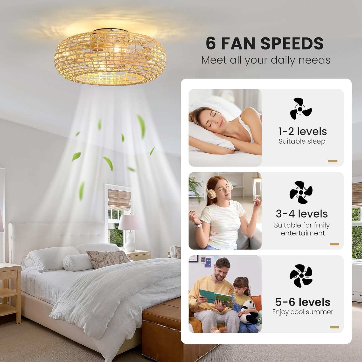 Boho Ceiling Fan Lights: 20" Rattan Low Profile Bamboo Caged Farmhouse Ceiling Fans with Light Flush Mount Remote Control 6 Speeds for Bedroom Living Room Kitchen