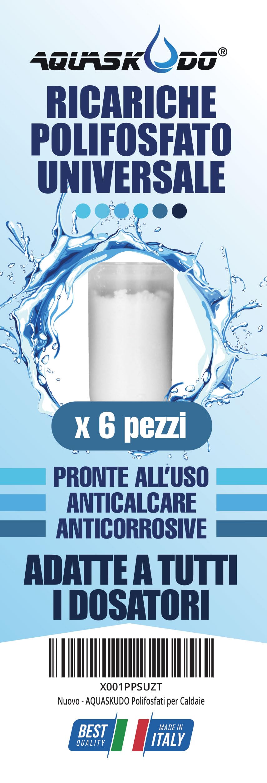 AQUASKUDO Polifosfati per Caldaia Ricarica - Cartucce Universali per Filtro Anticalcare Made in Italy - 6 Ricariche Polifosfati per Caldaie
