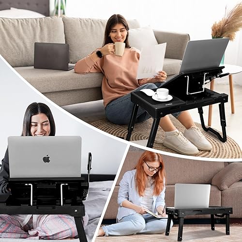 Miniatura 7 de Mesa plegable para laptop, escritorio portátil para cama, soporte para laptop de altura ajustable con ventilador de refrigeración, luz LED, 4