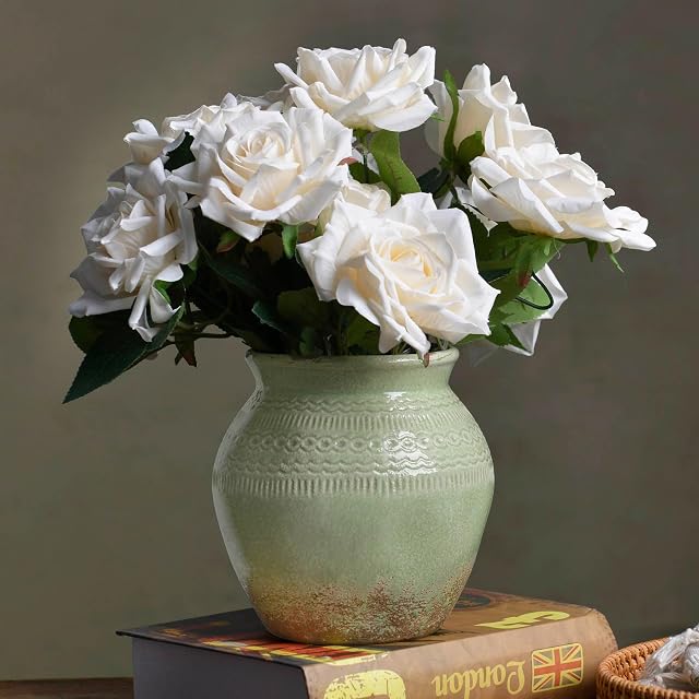 Quoowiit Vase en céramique rustique ferme, Vase de fleurs vert décontractionné pour décoration maison, Vases décoratifs Boho pour décorations de table de pièce centrale, Vass pour salon Cuisine Entrée manteau plateau Decor