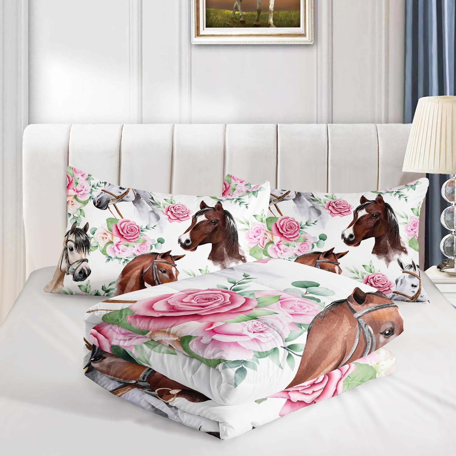Horse and Flower Comforter Set for Girls Kids Horse and Floral 3 Piece Bedding Set Twin Floral Lightweight Comforter Down Alternative with 2 Pillowcases All Seasons - Image 6