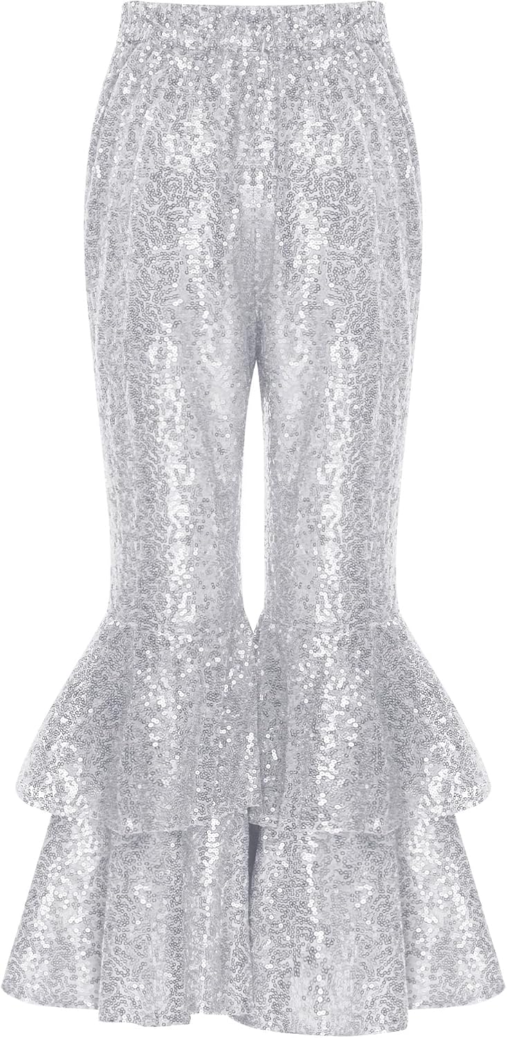 JanJean Kids Metallic Tops Sparke Trouser Cropped Jacket Sparkle Elastic Waist Dance Pants Streetwear