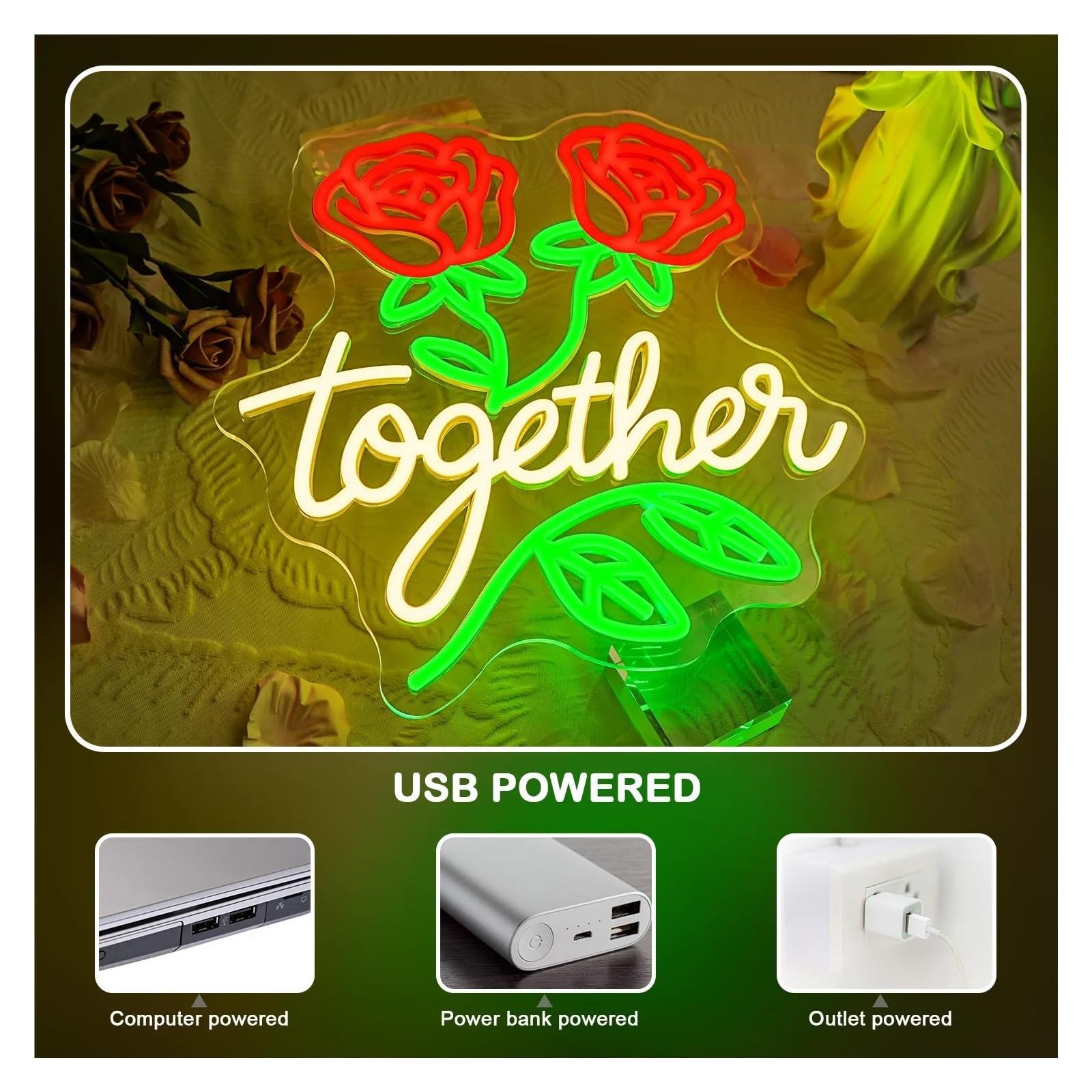 Luz de Diseño de Digital Letrero De Neón Together Con Rosa Roja Y Luz LED Regulable Para Decoración De Pared De Bodas, Fiestas Y El Hogar, Lámpara De Noche 38cmx36.8cm