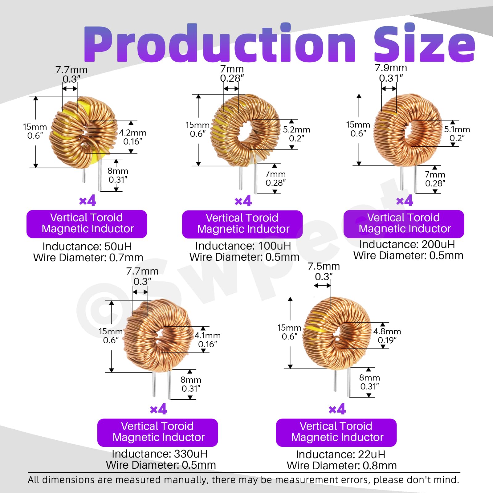 Swpeet Lot de 20 bobines d'inductance à noyau magnétique toroïde 5 tailles 22UH-10A 50UH-5A 100UH-6A 220UH-5A 330UH-3A Fil de cuivre Bobine d'inductance Parfait pour les transformateurs DIY Circuit
