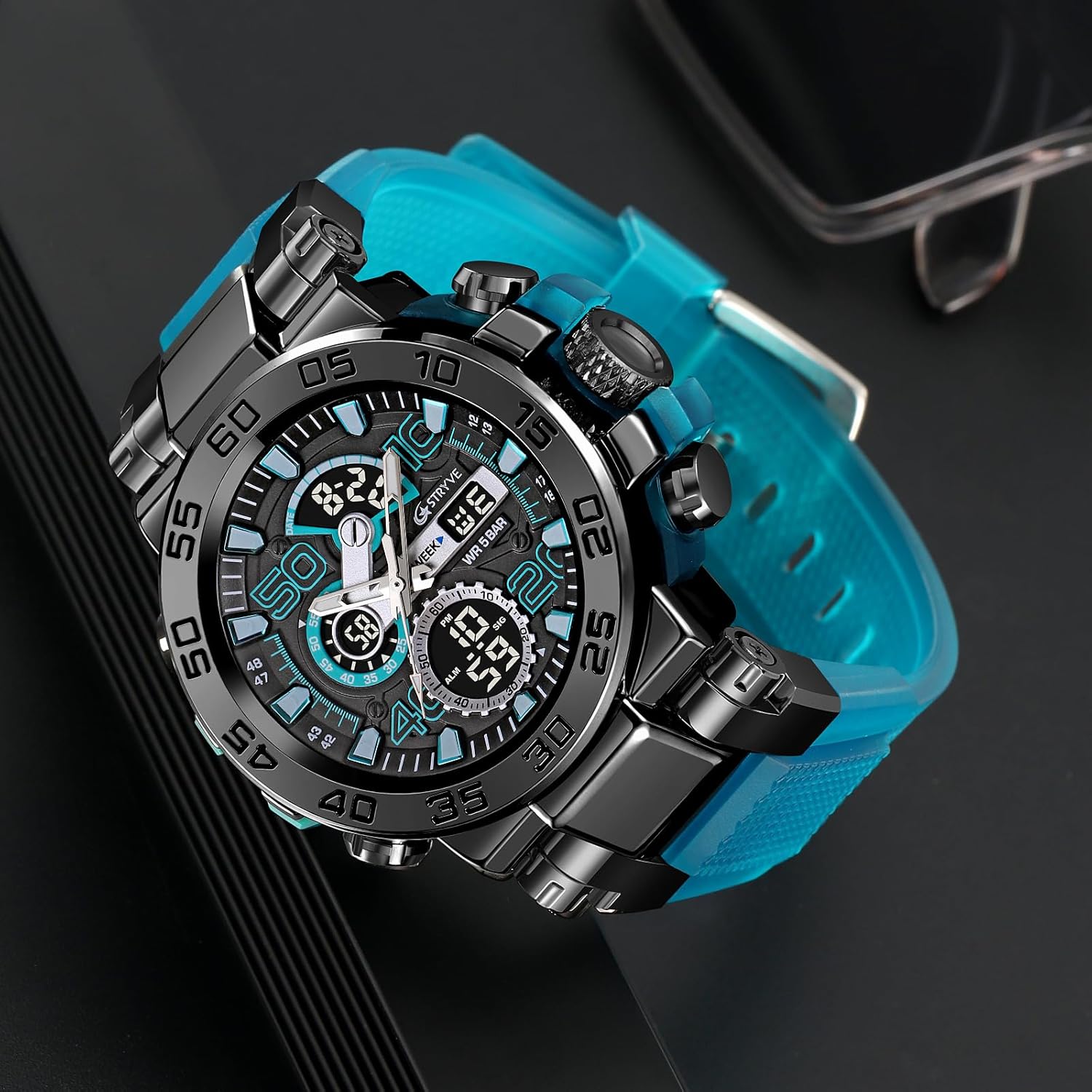 MASTOP Men's Watch Rainbow Color Watches Analog Digital 5ATM Waterproof High Contrast Black Brilliant White Watch Raise Hand Backlight Outdoor Military Watch