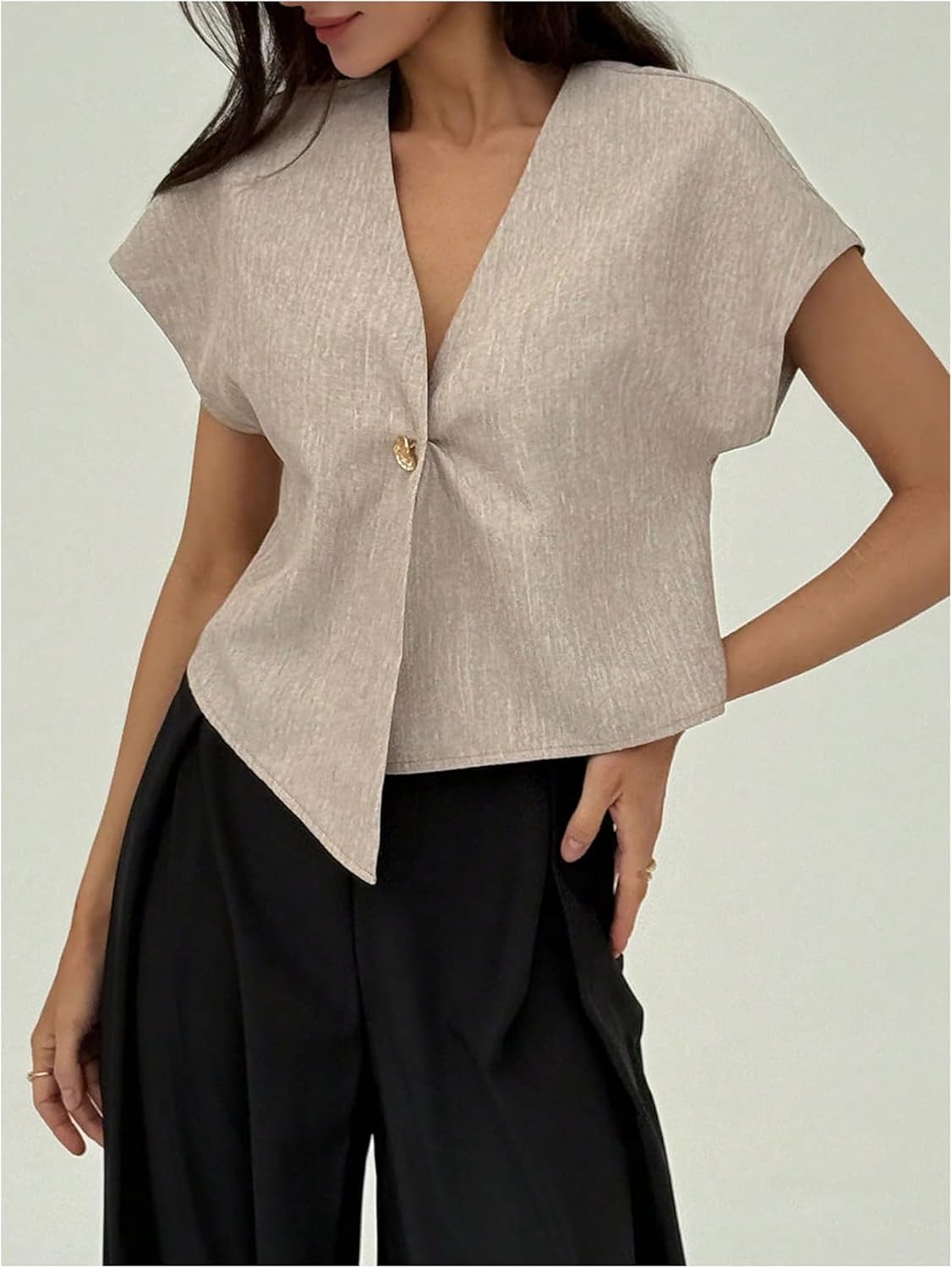 GORGLITTER Women's Button Blouses Dressy Casual V Neck Short Sleeve Work Business Shirt - Image 5