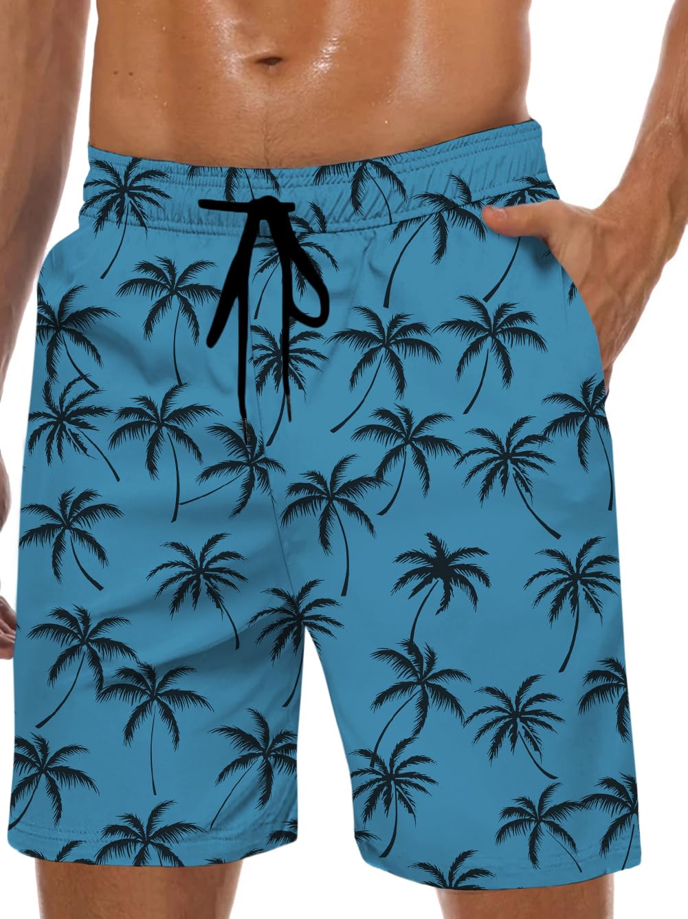 Men's Swim Trunks Hawaiian Bathing Mesh Lining Suit Swimsuits Beach Shorts with Pockets, Teal-palm Tree, M