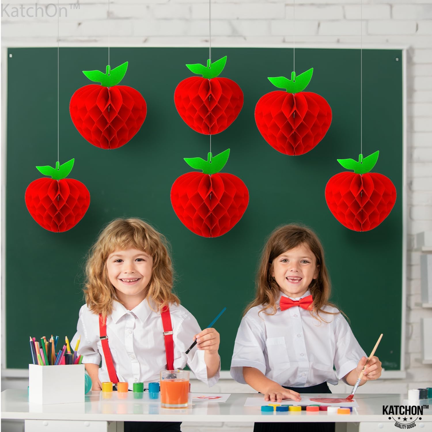 KatchOn, Large -6 Pcs Red Apple Shaped Paper Honeycomb Centerpiece Decorations | Apple Hanging Decoration | Back to School Decorations | Apple Classroom Decor | Classroom Supplies