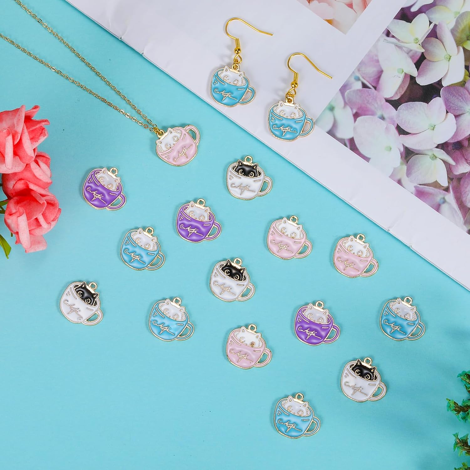 60Pcs Cat Charms Coffee Cup Charms Alloy Enamel Charms Pendant Cute Animal Charms for Jewelry Bracelets Necklace Earrings Making DIY Craft Supplies - Image 6