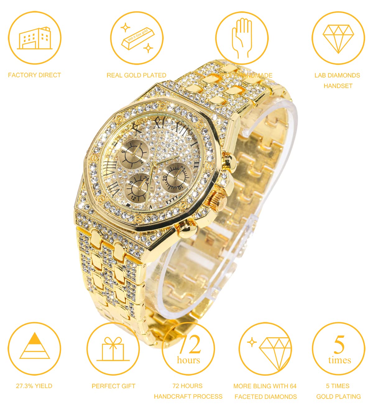 HALUKAKAH Diamante Reloj Oro, Hombres Chapado Oro Real 18K/Oro Blanco Platino 40MM Ancho Números Romanos Esfera Cuarzo Pulsera 22cm con Enlace Cubano Cadena 20+45cm Collar Pulsera, con Caja de Regalo