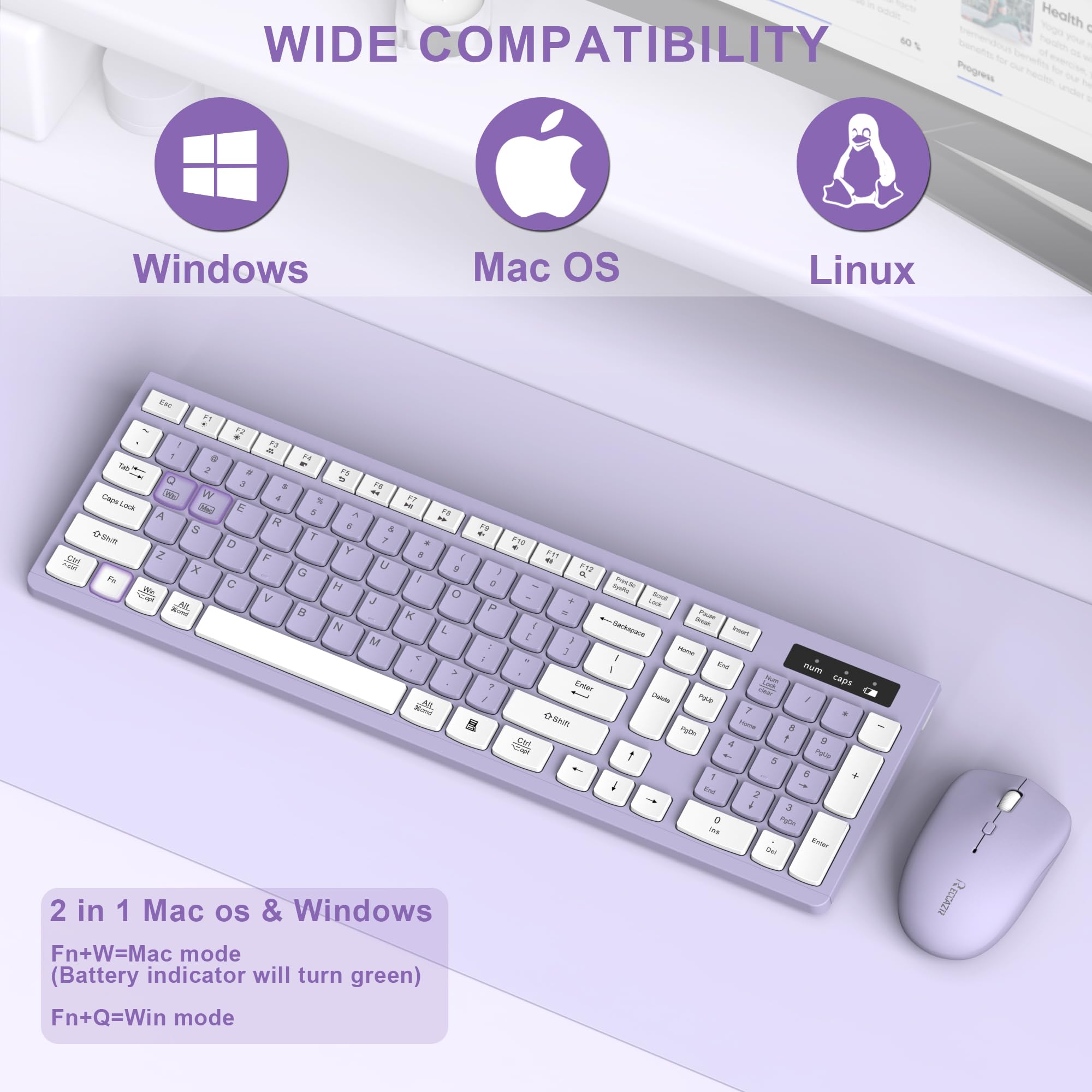 Wireless Keyboard and Mouse Combo, Full-Sized Wireless Keyboard and Adjustable DPI Mouse, 2.4GHz USB Receiver, Silent Keyboard and Mouse for PC, Windows, MAC, Desktop, Laptop(Purple)