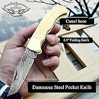 Vista 3 de Camel Bone - Cuchillo plegable de cuerno de búfalo de 6,5 pulgadas, hecho a mano de acero de damasco, con afilador incluido para bolsillo, 100 %