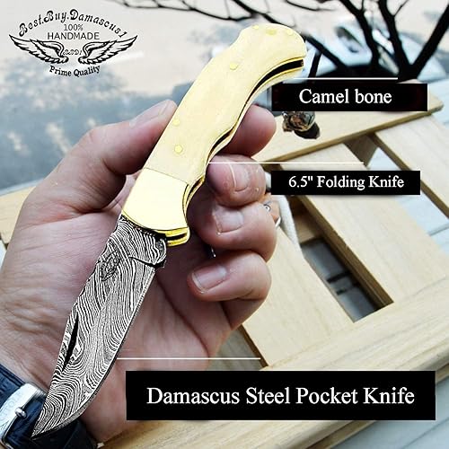 Miniatura 3 de Camel Bone - Cuchillo plegable de cuerno de búfalo de 6,5 pulgadas, hecho a mano de acero de damasco, con afilador incluido para bolsillo, 100 %