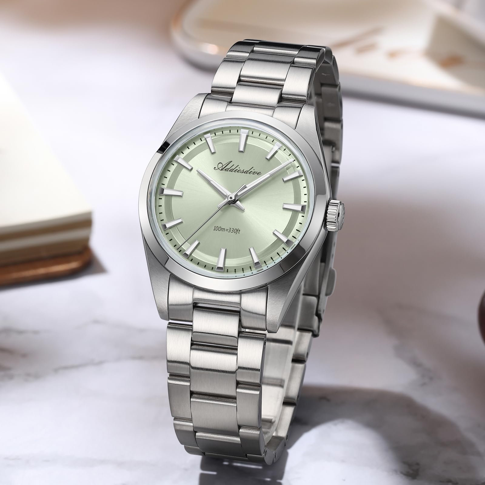 ADDIESDIVE 36 mm kleines Zifferblatt Herrenarmbanduhr Edelstahl wasserdicht 100 m grün/weiß/grau/gelb