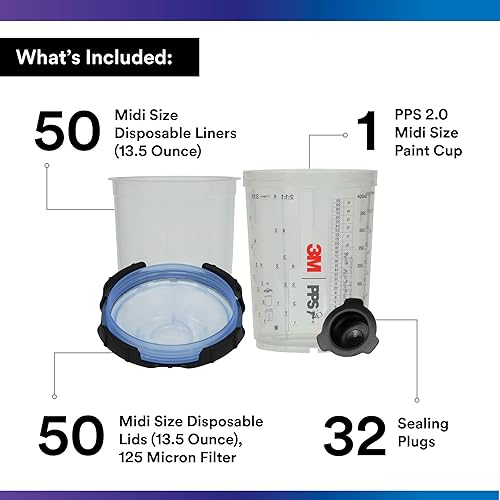 Miniatura 2 de 3M PPS 2.0 Kit de taza, tapas y forros para pistola pulverizadora, 26312, Midi, 13.5 onzas, filtro de 125 micrones, uso para automóviles, muebles,