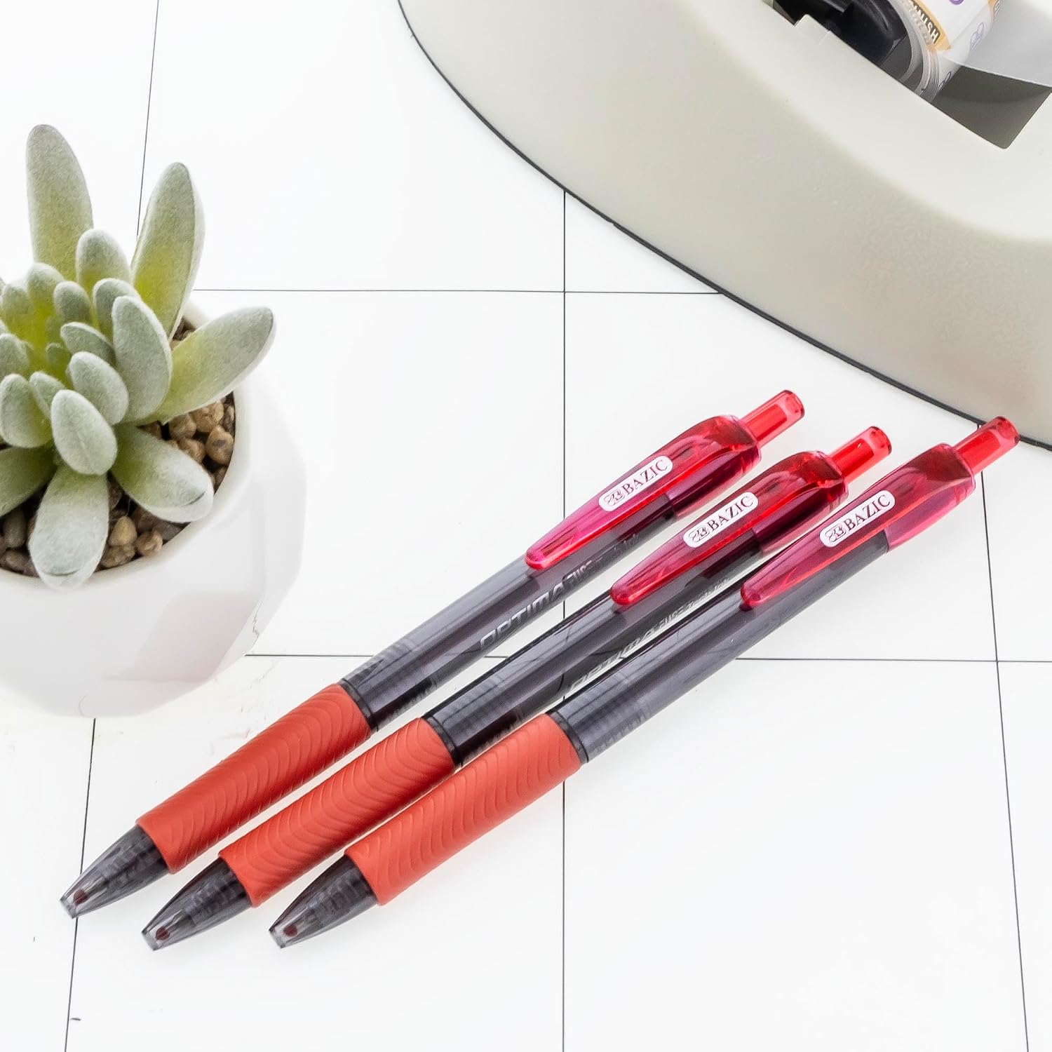BAZIC Products Oil Gel Fuse Tech Ink Retractable Pen Optima Red Color, 0.7 mm Medium Point Soft Grip Smooth Writing, for Office School (3/Pack), 24-Pack