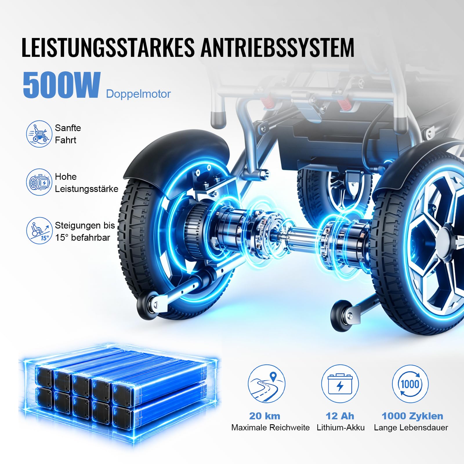 D10 Elektrorollstuhl Faltbar Leicht, Outdoor E-Rollstuhl Für Senioren & Behinderte, 20 km Reichweite, Flugzeugzulassung, 500 W Motor, 12Ah Akku, PU-Räder, Bis 150 kg