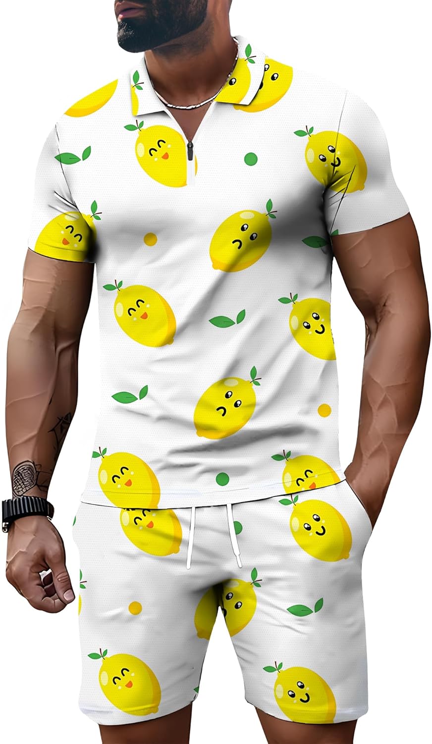 Men’s Track Suits 2 Piece Summer Short Sets Outfits Hawaiian Polo Shirt Casual Short Sleeve and Shorts Set
