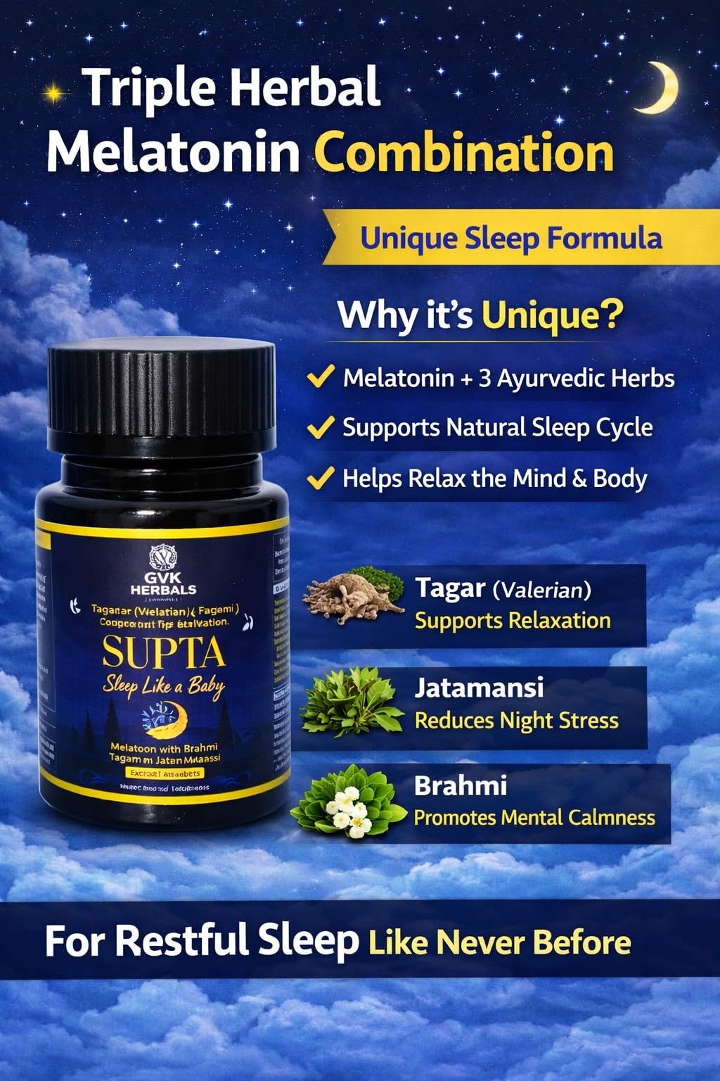 Supta Ayurvedic Sleep Support Tablets Brahmi Tagar Jatamansi Melatonin 5mg Calm Mind Relaxation Night Support 30 Tablets GVK Herbals — Amazon image 6