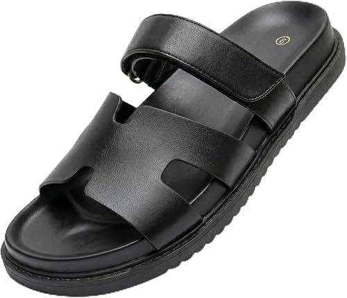 Men's Slide Sandals, Adjustable Velcro Strap, Comfortable PU Leather Open Toe Summer Shoes, Non-Slip Thick Sole Casual Slides for Indoor Outdoor Beach Daily Wear