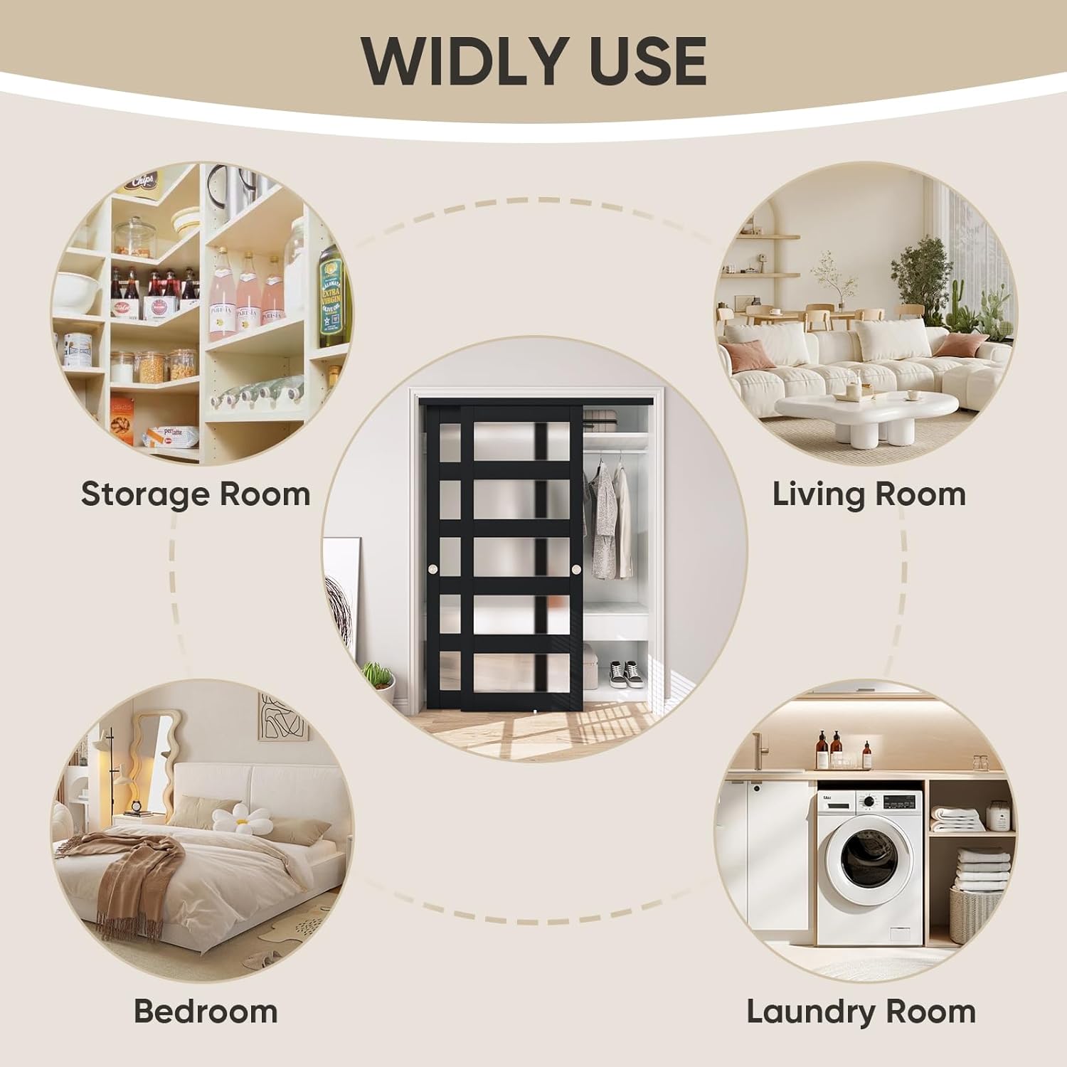 JUBEST 60" x 80" Sliding Closet Door, 5-Lite Frosted Glass Bypass Door with Hardware Kit & Matching Fascia, Pre-Drilled Solid Wood Slab with Water-Proof PVC Surface, Easy to Install, Black