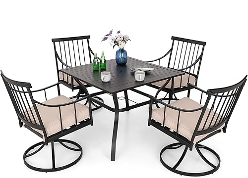 Miniatura 11 de MFSTUDIO Juego de 9 piezas de comedor para patio al aire libre, 8 sillas giratorias de metal con cojines extraíbles y 1 mesa de comedor cuadrada