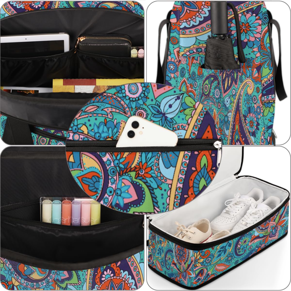 Bolsa de viaje plegable con patrón de cachemira, 47 L, bolsa de fin de semana con funda de carrito húmeda, bolsa de hombro separada para deportes, gimnasio, viajes, multicolor, 47L, Bolsa de viaje