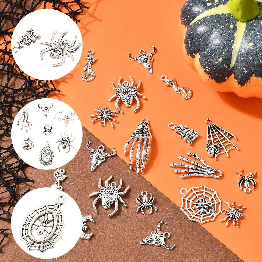 1 Box 100Pcs Metal Halloween Charms Vintage Halloween Charms Bulk Random Styles Alloy Silver Bats Ghosts Pumpkins Spiderwebs Pendants for Jewelry Making Findings DIY Crafts Decoration Adults