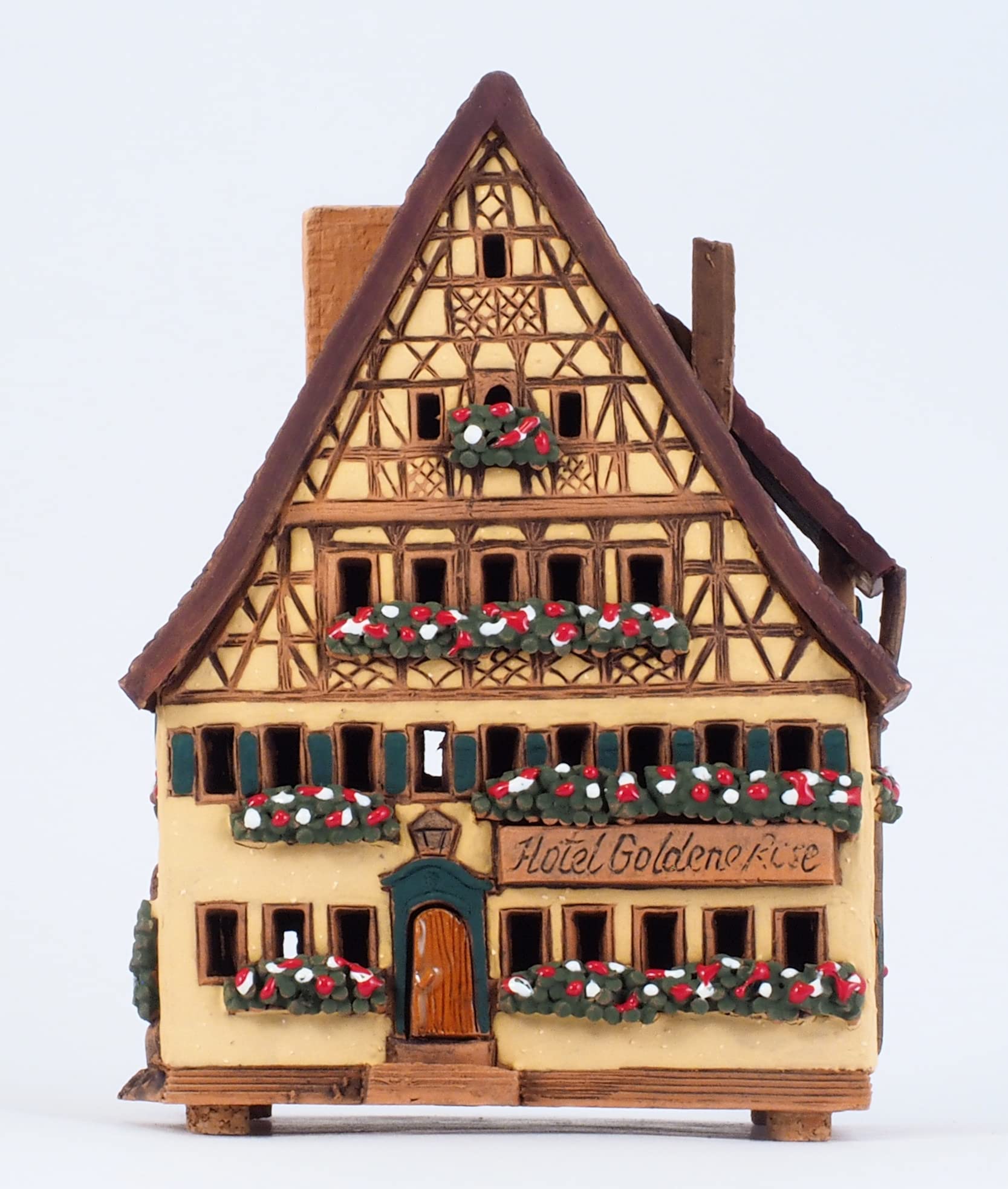 Ceramiczny domek świetlny, rękodzieło, miniaturka artystyczna, dom złota róża w orkiszu, Niemcy, A270AR