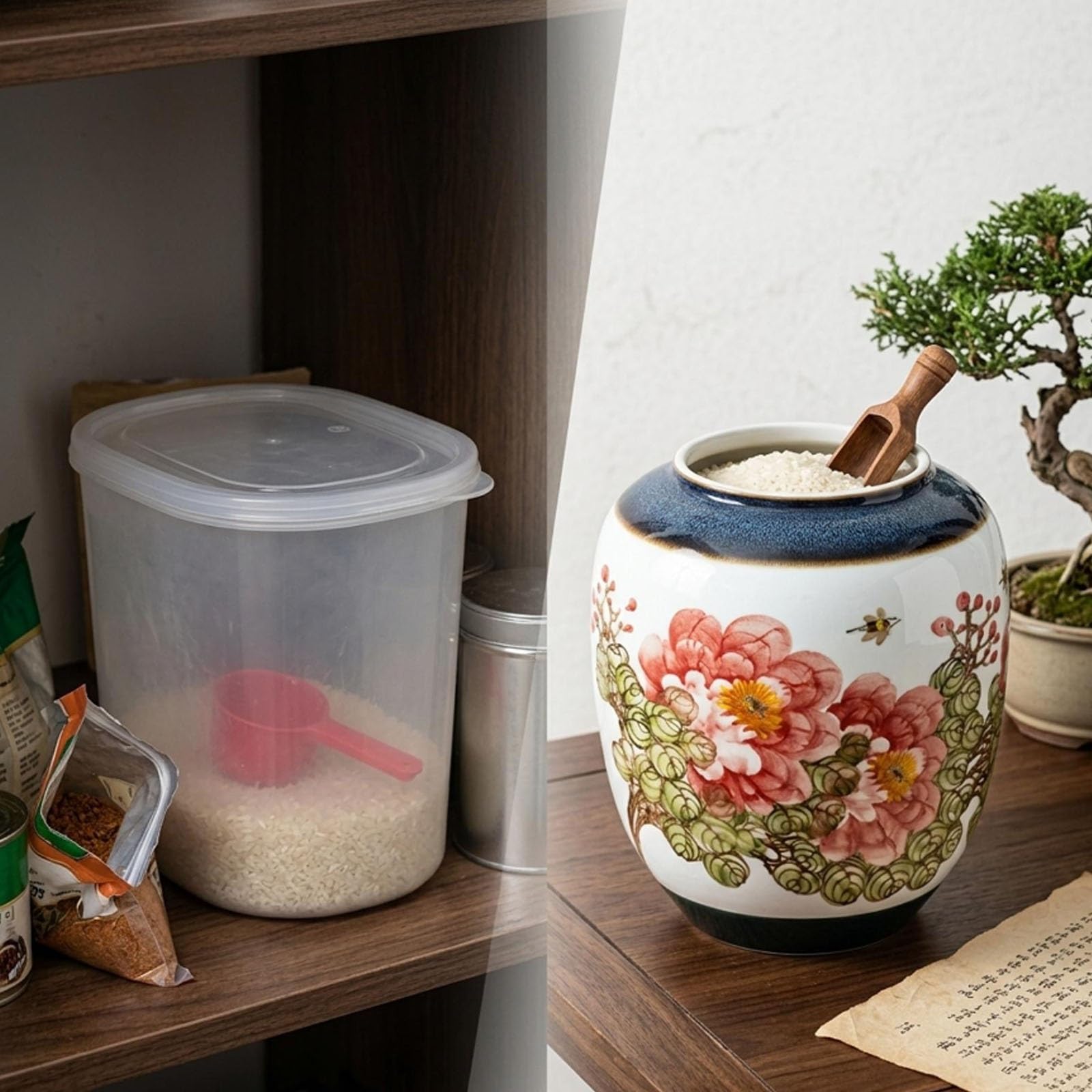 Barattolo per Riso in Ceramica con Coperchio, Grande Contenitore | Porcellana per Grano e Farina, Barattolo da Cucina per Piano di Lavoro, Decorazione Floreale Stile Asiatico