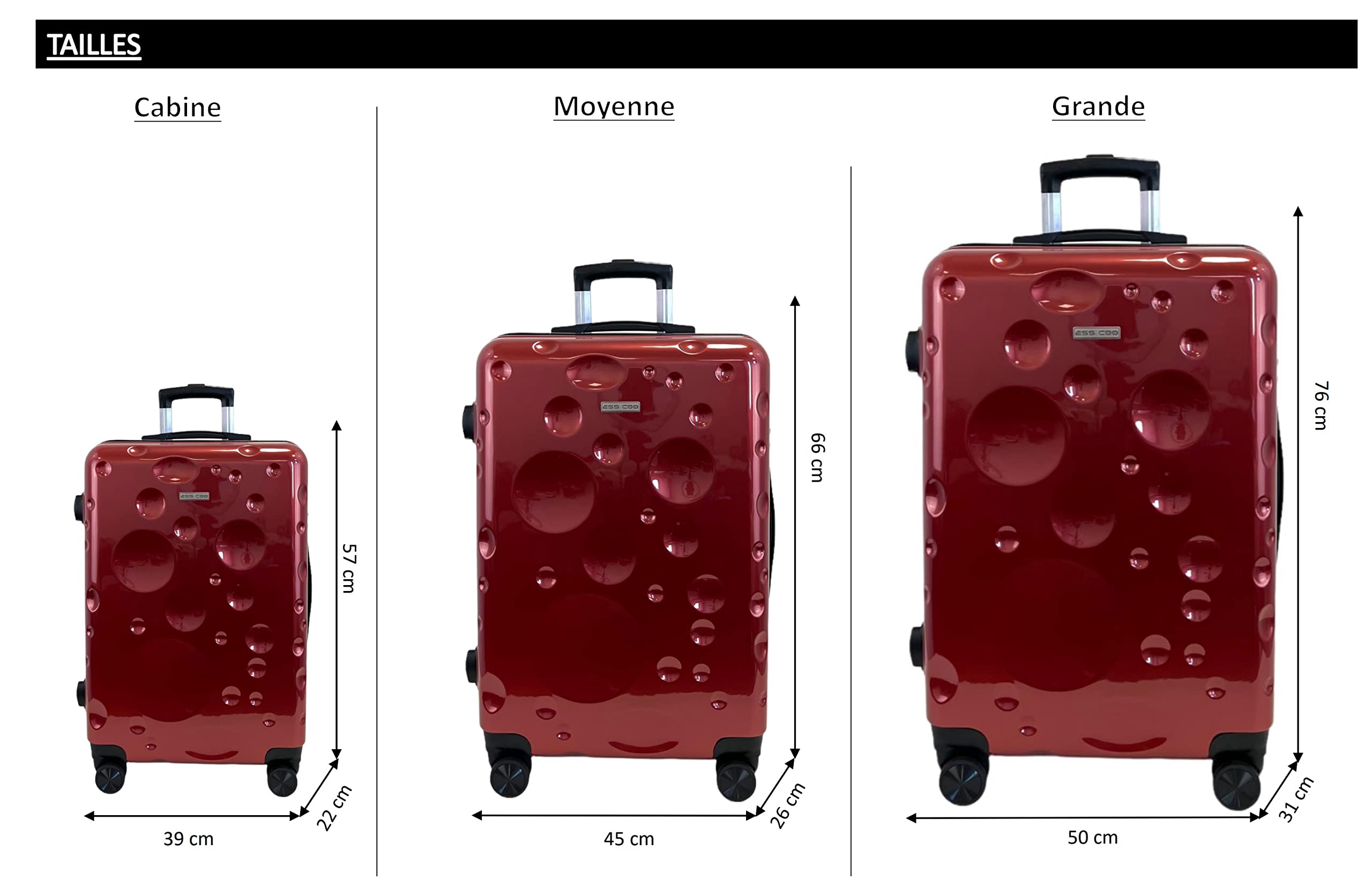 Set de 3 valises/Bagages ABS Rigide à 4 roulettes pivotante avec Serrure TSA intégré (Rouge vin, Set de 3)