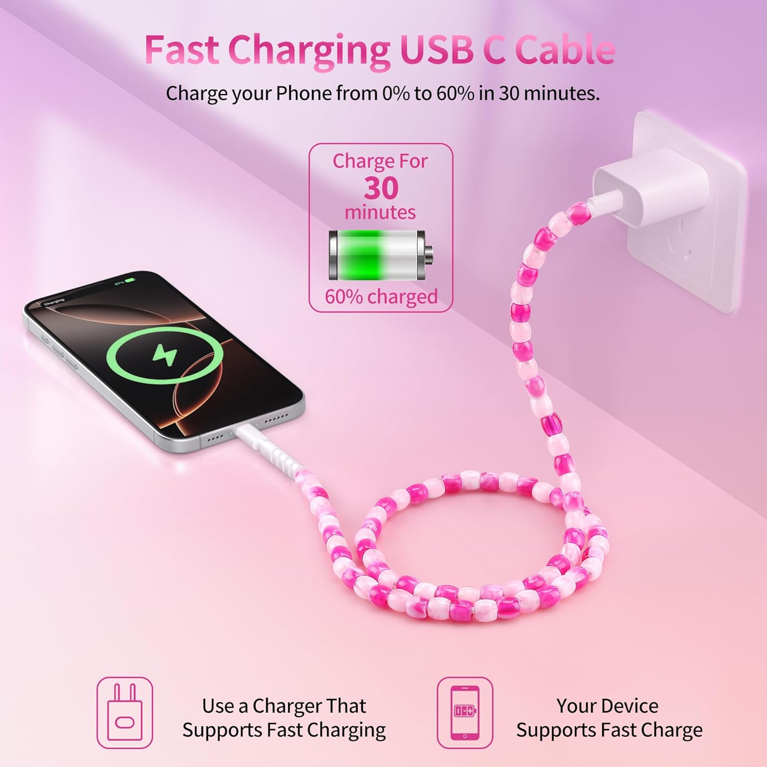 SAMONPOW USB C to USB C Cable for iPhone 17 16 Charger Cord 3.3FT 60W Type C Charger Cord Pink Red Jade Beaded USBC Phone Cable Fast Charging for iPhone 17 16 15 Pro Max for Samsung Galaxy S25 S24 - Image 3