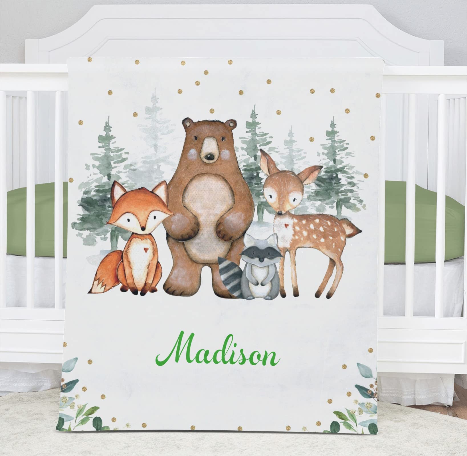 Personalized Baby Blanket Woodland Forest Animals - Super Soft Fleece Custom Name Throw 30x40 Inches | Bear Fox Deer