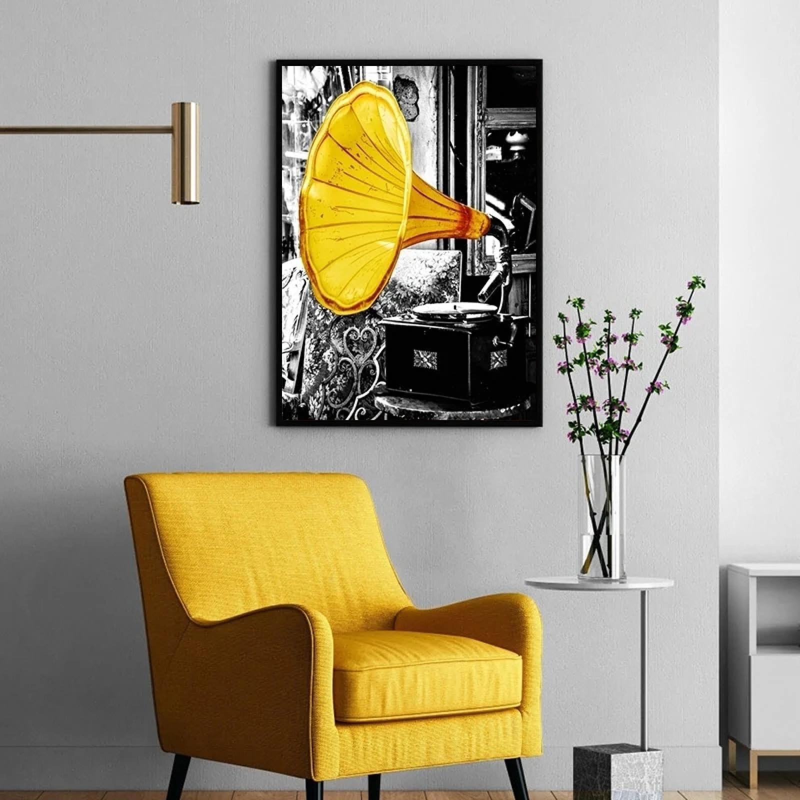 BMGKYAGL Poster musicale antico giallo, fonografo, registratore a disco, quadro da parete, tela, decorazione estetica per la casa, 50x75cmx3 cornice